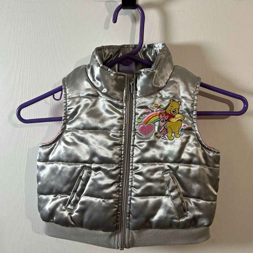 Disney Girls 3T Silver Pink Puffer Vest Full Zip Lined Winnie the Pooh Piglet